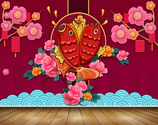 Avikalp MWZ2293 Red Fishes Pink Flowers Leaves HD Wallpaper