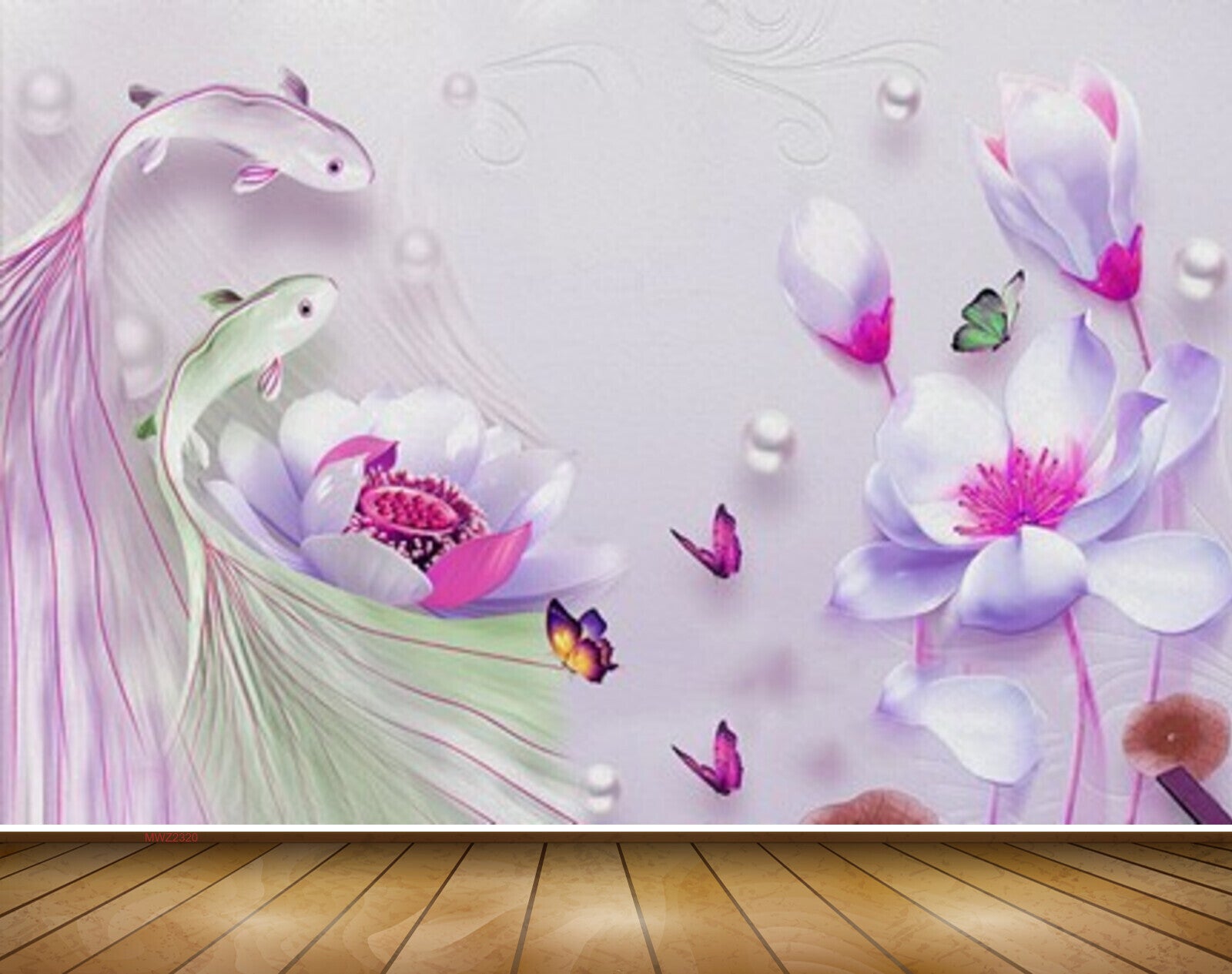 Avikalp MWZ2320 Pink Green Fishes Flowers Butterflies HD Wallpaper