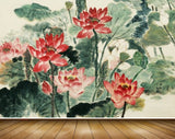 Avikalp MWZ2344 Red White Lotus Flowers Leaves Painting HD Wallpaper