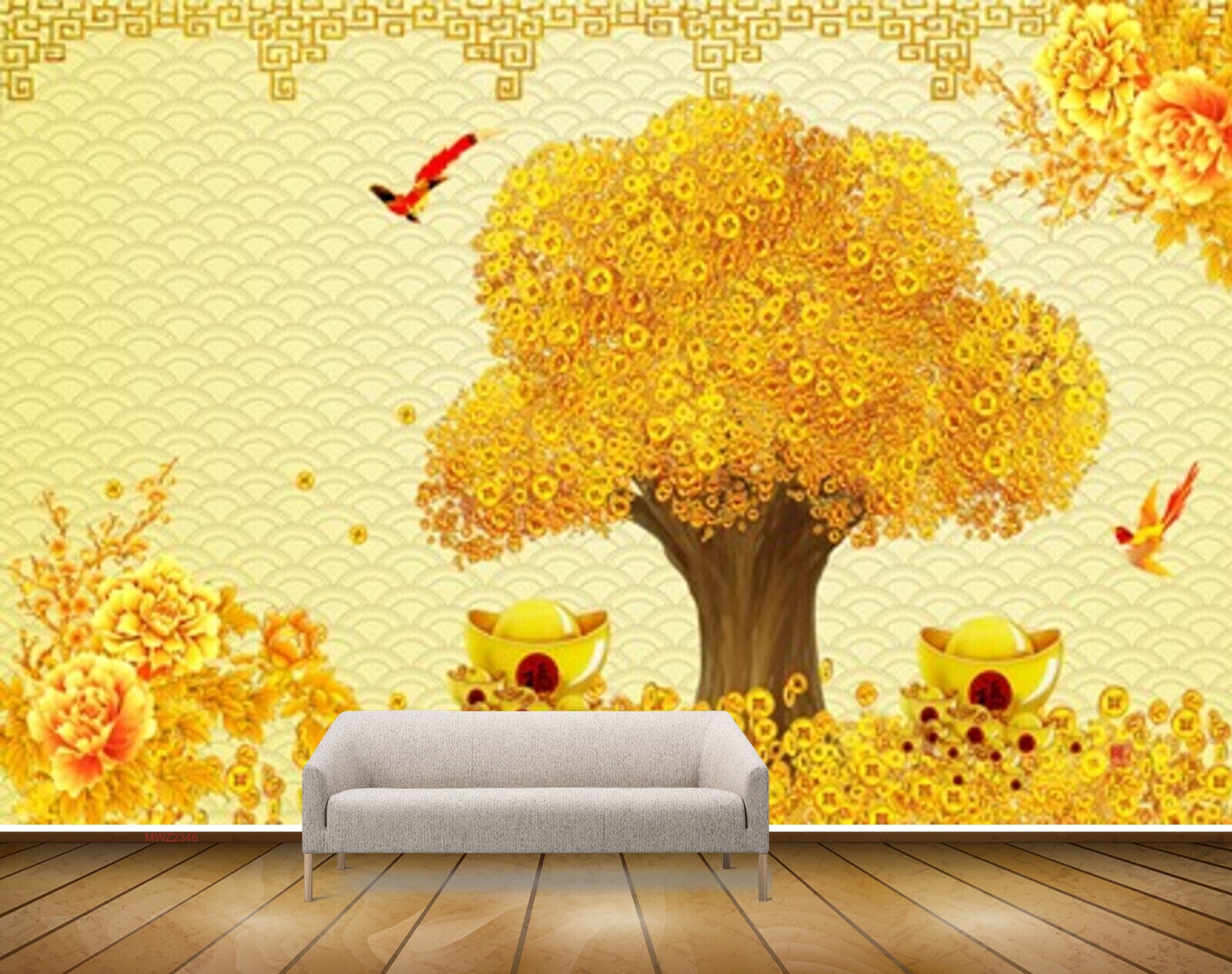 Avikalp MWZ2346 Yellow Flowers Trees Birds HD Wallpaper