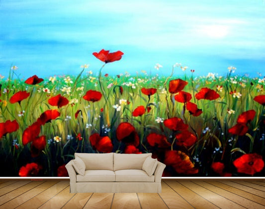 Avikalp MWZ2350 Red White Flowers Grass Sky Painting HD Wallpaper