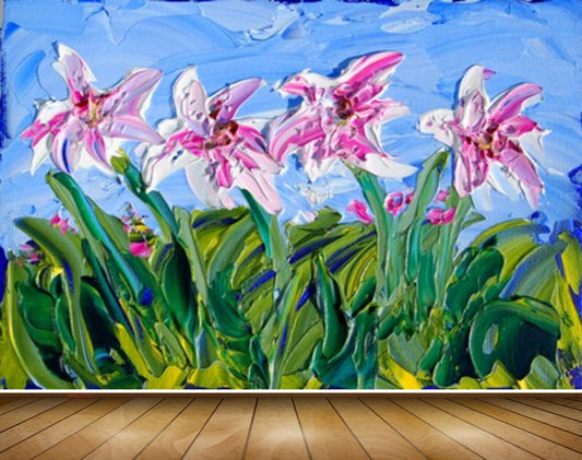 Avikalp MWZ2352 Pink White Flowers Grass Painting HD Wallpaper