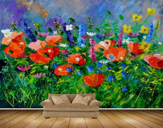 Avikalp MWZ2355 Red Yellow Flowers Butterflies Plants Painting HD Wallpaper