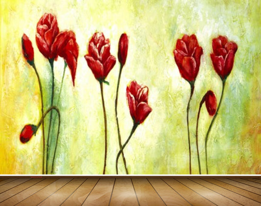 Avikalp MWZ2358 Red Flowers Leaves Painting HD Wallpaper