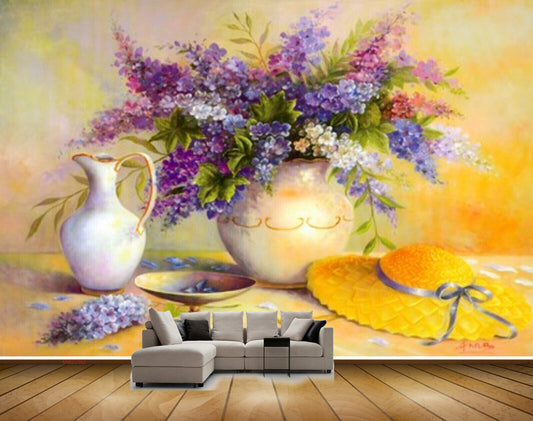 Avikalp MWZ2362 Violet Blue Pink Flowers Hat Scissors Painting HD Wallpaper