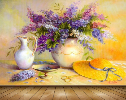 Avikalp MWZ2362 Violet Blue Pink Flowers Hat Scissors Painting HD Wallpaper