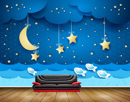 Avikalp MWZ2365 Golden Hanging Stars Moon Fishes Night Kids HD Wallpaper