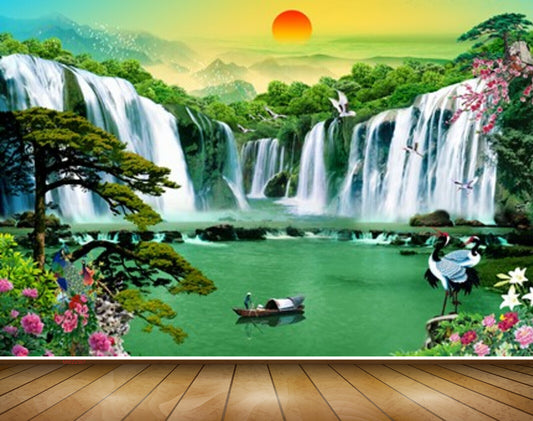 Avikalp MWZ2367 Waterfalls Sun Birds Trees Boat Flowers Peacock Mountains Pond River Water HD Wallpaper