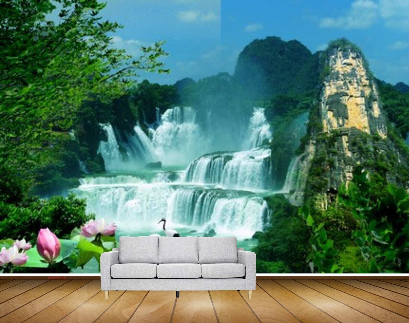 Avikalp MWZ2368 Waterfalls Trees Pink Lotus Flowers Cranes Mountains Forest Pond River Water HD Wallpaper