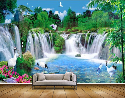 Avikalp MWZ2369 Waterfalls Cranes Pink Flowers Trees Birds Mountains Photo Frame Pond HD Wallpaper