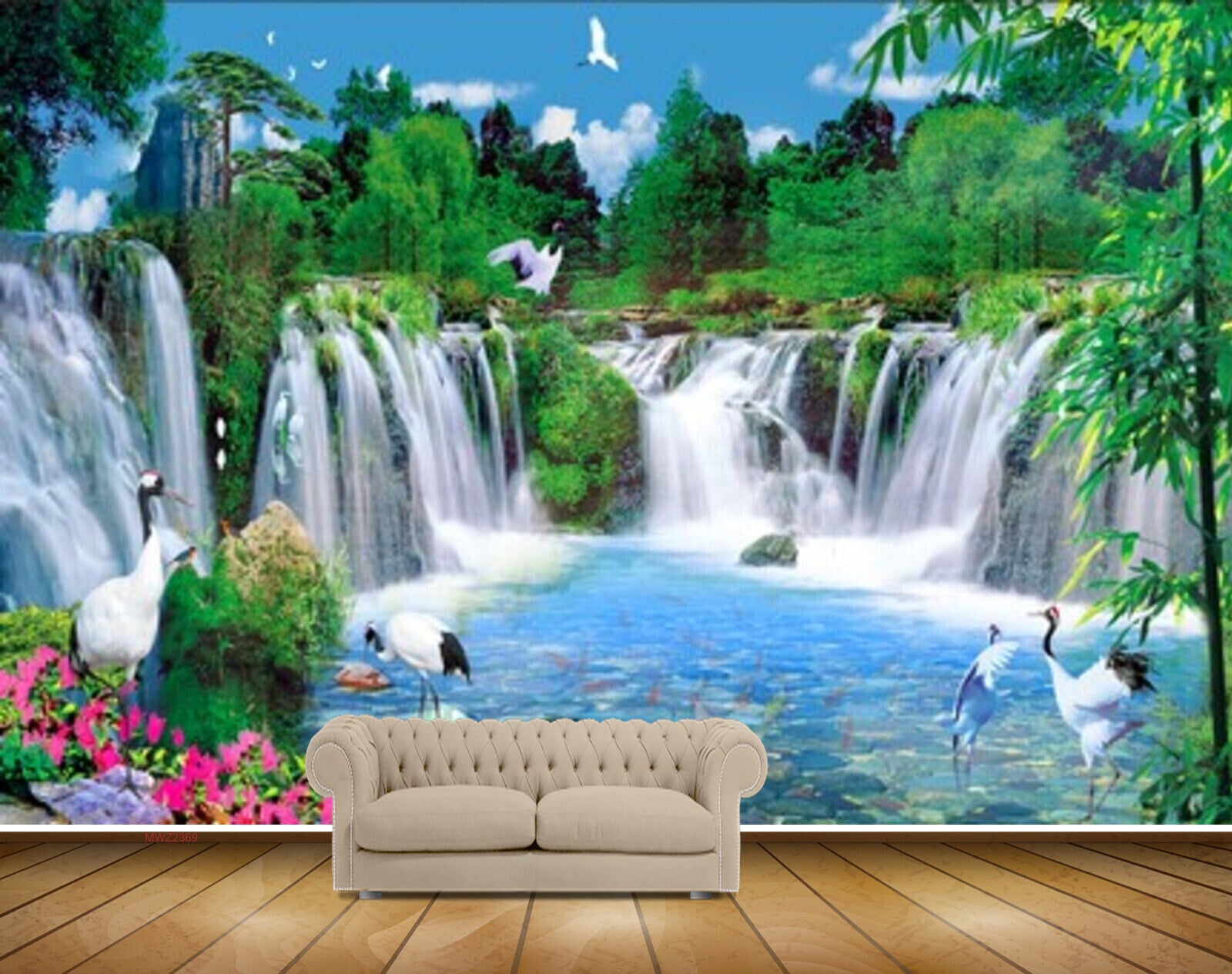 Avikalp MWZ2369 Waterfalls Cranes Pink Flowers Trees Birds Mountains Photo Frame Pond HD Wallpaper