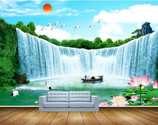 Avikalp MWZ2370 Waterfalls Sun Boat Pink White Flowers Cranes Clouds Pond Frame HD Wallpaper