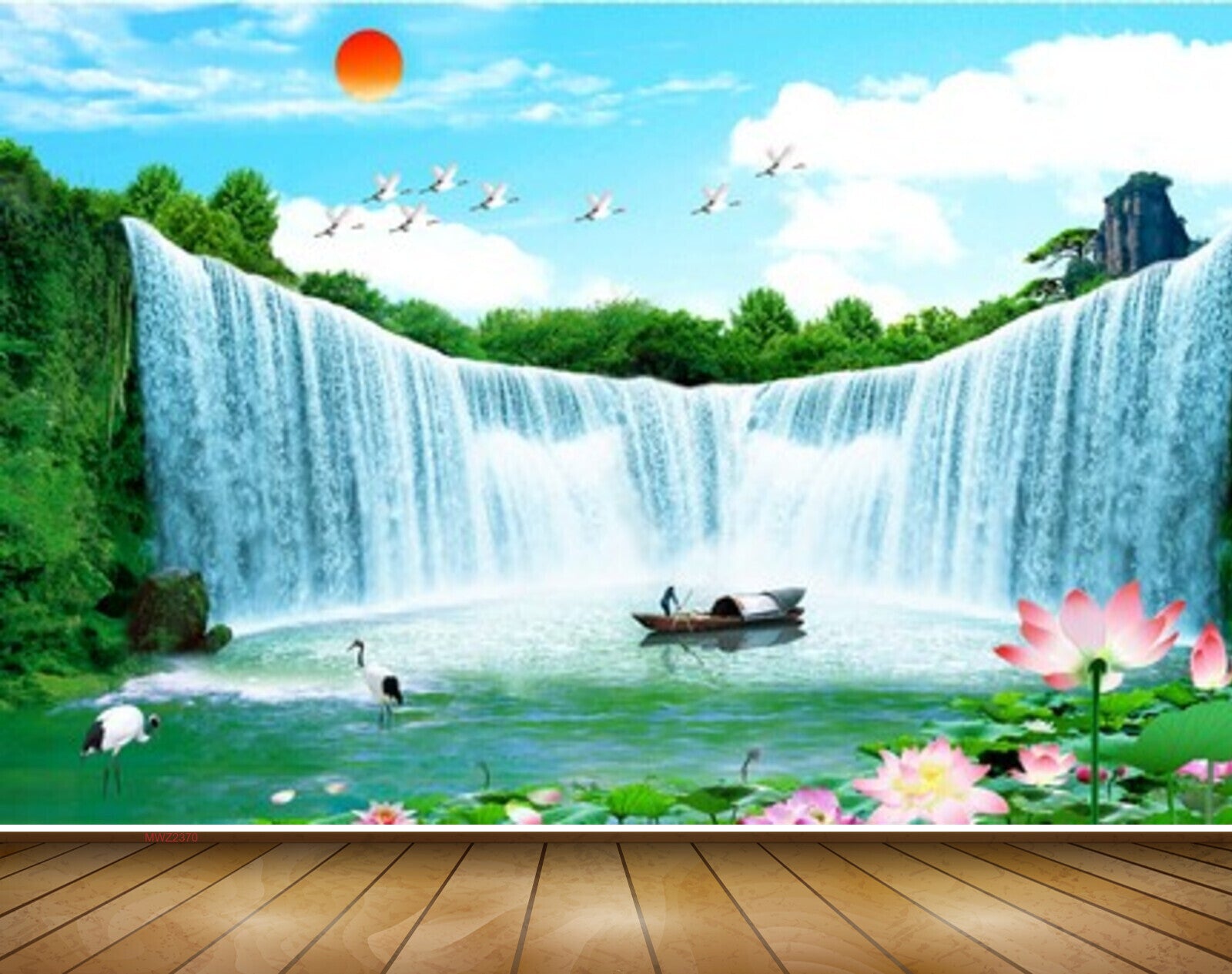 Avikalp MWZ2370 Waterfalls Sun Boat Pink White Flowers Cranes Clouds Pond Frame HD Wallpaper