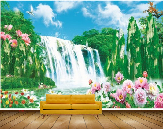 Avikalp MWZ2371 Waterfalls Trees Pink Red Flowers Birds Pond River Water Frame HD Wallpaper