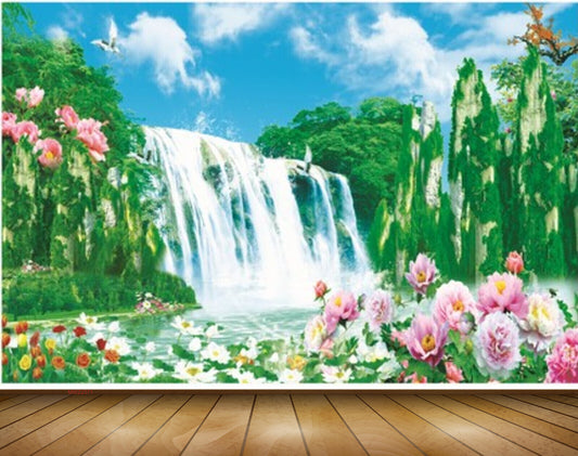 Avikalp MWZ2371 Waterfalls Trees Pink Red Flowers Birds Pond River Water Frame HD Wallpaper