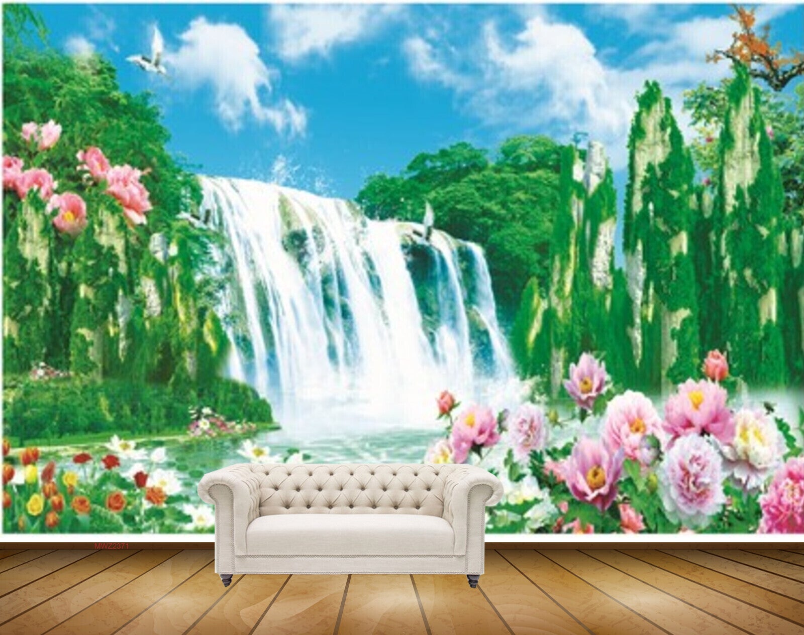 Avikalp MWZ2371 Waterfalls Trees Pink Red Flowers Birds Pond River Water Frame HD Wallpaper