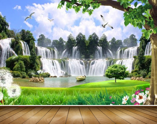 Avikalp MWZ2374 Waterfalls Trees Pond River Lake Water Boat Flowers Grass Birds Leaves Clouds HD Wallpaper