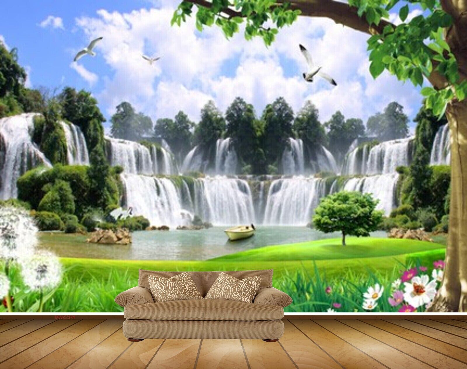 Avikalp MWZ2374 Waterfalls Trees Pond River Lake Water Boat Flowers Grass Birds Leaves Clouds HD Wallpaper