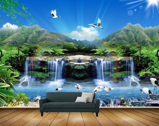 Avikalp MWZ2375 Sun Waterfalls Trees Cranes Flowers Mountains Pond River Lake Water Leaves Clouds HD Wallpaper