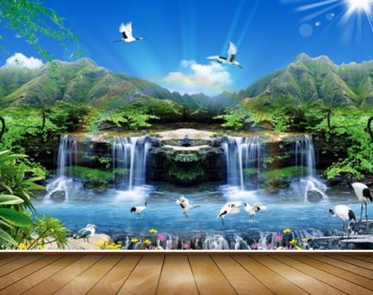 Avikalp MWZ2375 Sun Waterfalls Trees Cranes Flowers Mountains Pond River Lake Water Leaves Clouds HD Wallpaper