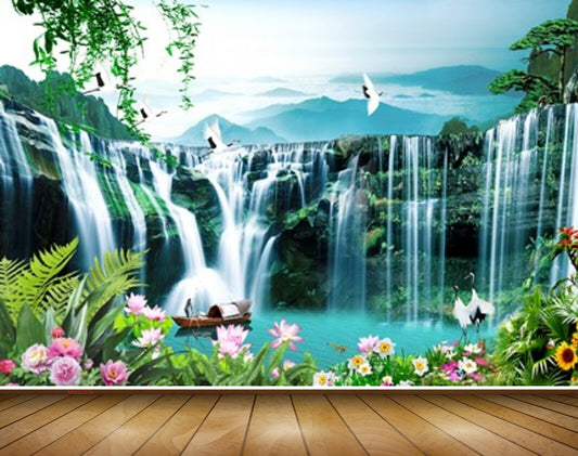 Avikalp MWZ2376 Waterfalls  Trees Lotus Flowers Boat Cranes Pond River Lake Water Leaves Plants Mountains HD Wallpaper