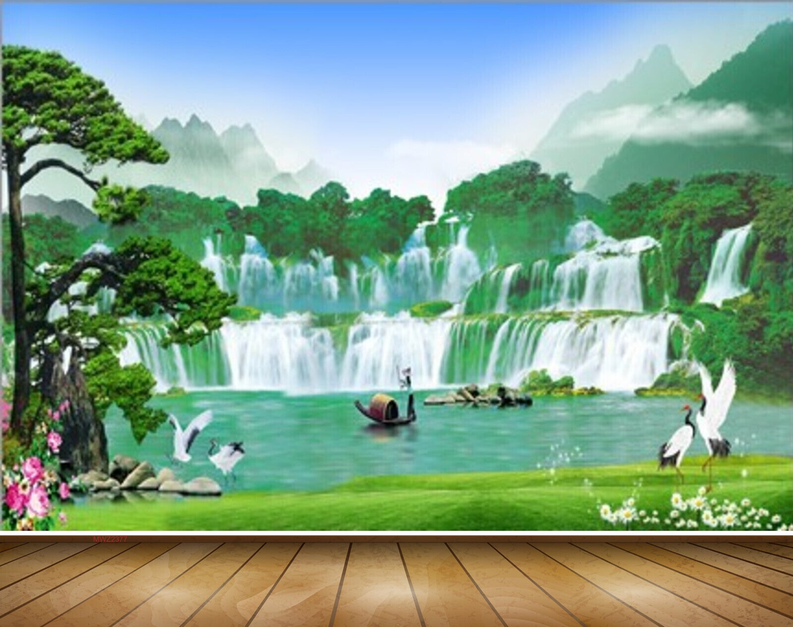 Avikalp MWZ2377 Waterfalls Trees Cranes Boat Pond River Lake Water Mountains Flowers Grass Stones Frame HD Wallpaper