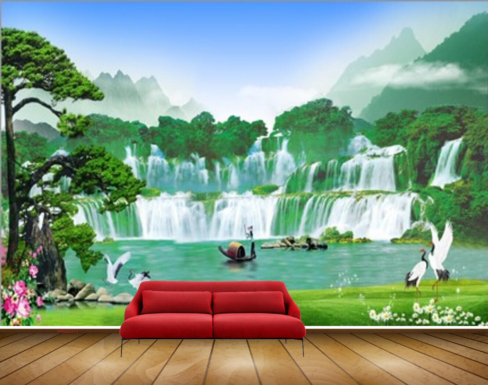 Avikalp MWZ2377 Waterfalls Trees Cranes Boat Pond River Lake Water Mountains Flowers Grass Stones Frame HD Wallpaper