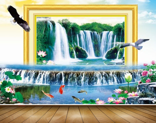 Avikalp MWZ2381 Waterfalls Birds Pink Flowers Fishes Pond River Lake Water Stones Frame HD Wallpaper