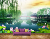 Avikalp MWZ2385 Trees Lotus Flowers House Bridge Pond River Lake Water Leaves Duck HD Wallpaper