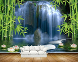 Avikalp MWZ2401 Waterfalls Bamboo Trees Pink White Flowers Stones Pond HD Wallpaper