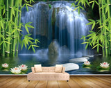 Avikalp MWZ2401 Waterfalls Bamboo Trees Pink White Flowers Stones Pond HD Wallpaper