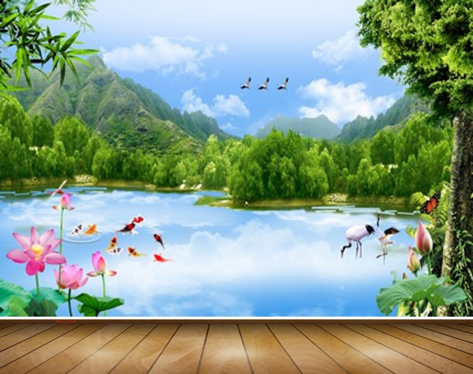 Avikalp MWZ2406 Trees Pond River Lake Water Flowers Cranes Fishes Butterfly Mountains Birds Leaves HD Wallpaper