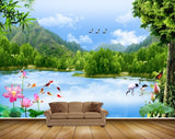 Avikalp MWZ2406 Trees Pond River Lake Water Flowers Cranes Fishes Butterfly Mountains Birds Leaves HD Wallpaper