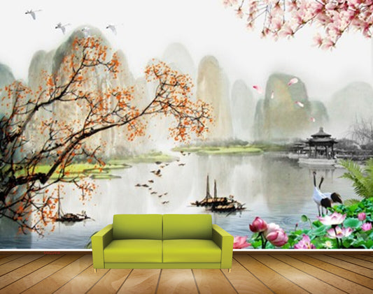 Avikalp MWZ2408 Pond River Lake Water Boat Branches Stones Birds Flowers Swans Mountains HD Wallpaper