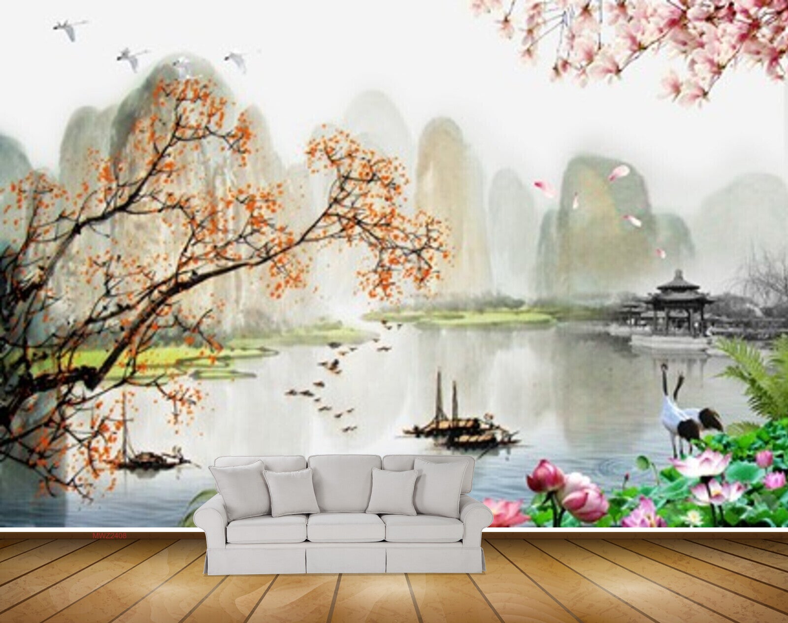 Avikalp MWZ2408 Pond River Lake Water Boat Branches Stones Birds Flowers Swans Mountains HD Wallpaper