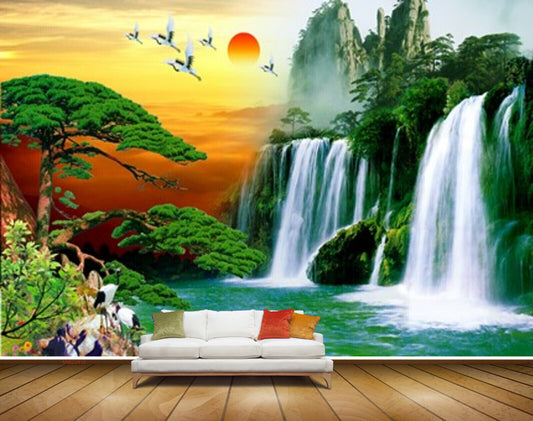 Avikalp MWZ2410 Waterfalls Trees Cranes Sunset Birds Pond River Lake Water Mountains HD Wallpaper