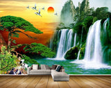 Avikalp MWZ2410 Waterfalls Trees Cranes Sunset Birds Pond River Lake Water Mountains HD Wallpaper