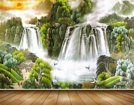 Avikalp MWZ2412 Waterfalls Sun Birds Trees House Pond River Lake Water Clouds HD Wallpaper