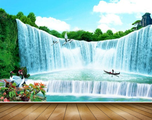 Avikalp MWZ2413 Waterfalls Boat Trees Cranes Clouds Pond River Lake Water Flowers HD Wallpaper