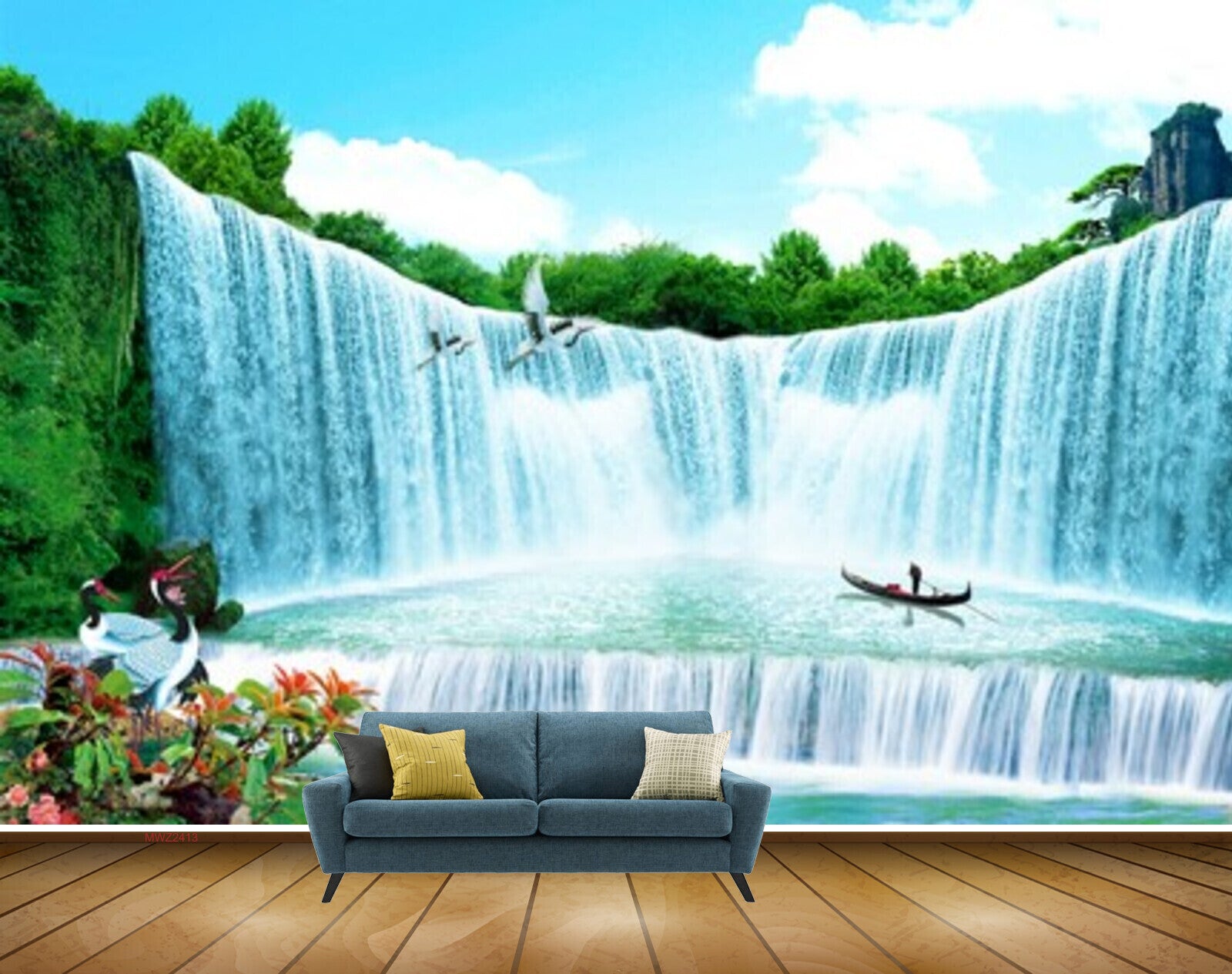 Avikalp MWZ2413 Waterfalls Boat Trees Cranes Clouds Pond River Lake Water Flowers HD Wallpaper