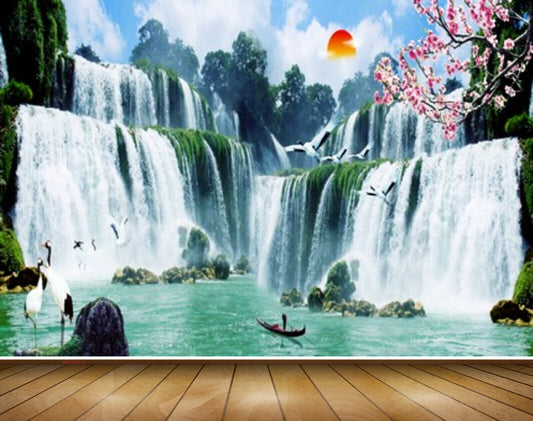 Avikalp MWZ2414 Sun Waterfalls Pink Flowers Trees Swans Stones Cranes Pond River Lake Water HD Wallpaper