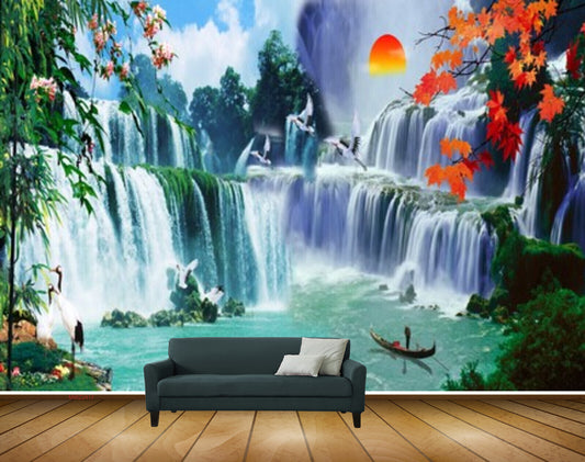 Avikalp MWZ2417 Sun Waterfalls Boat Orange Leaves Birds Cranes Pond River Lake Water Tree HD Wallpaper