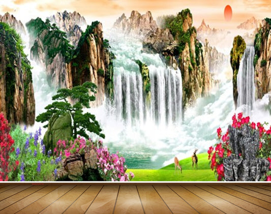 Avikalp MWZ2419 Mountains Waterfalls Sun Trees Flowers Grass Deer Pond River Lake Water HD Wallpaper