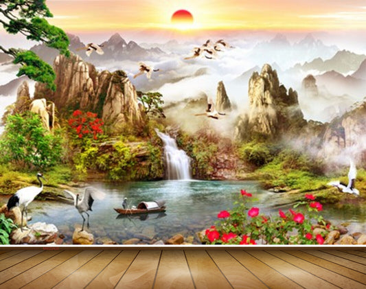 Avikalp MWZ2420 Sunrise Mountains Waterfall Pond River Lake Water Boat Swans Trees Cranes Clouds Flowers HD Wallpaper