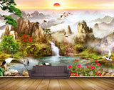 Avikalp MWZ2420 Sunrise Mountains Waterfall Pond River Lake Water Boat Swans Trees Cranes Clouds Flowers HD Wallpaper