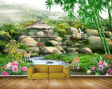 Avikalp MWZ2421 Mountains Stones Pond River Lake Water Deer Flowers Bamboo Trees Hut Cranes Grass HD Wallpaper