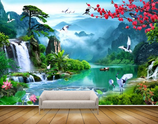 Avikalp MWZ2422 Waterfalls Pond River Lake Water Mountains Sun Flowers Trees Cranes Birds Boat Men HD Wallpaper