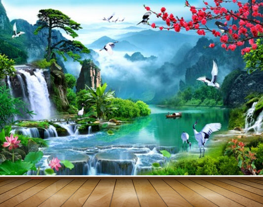 Avikalp MWZ2422 Waterfalls Pond River Lake Water Mountains Sun Flowers Trees Cranes Birds Boat Men HD Wallpaper