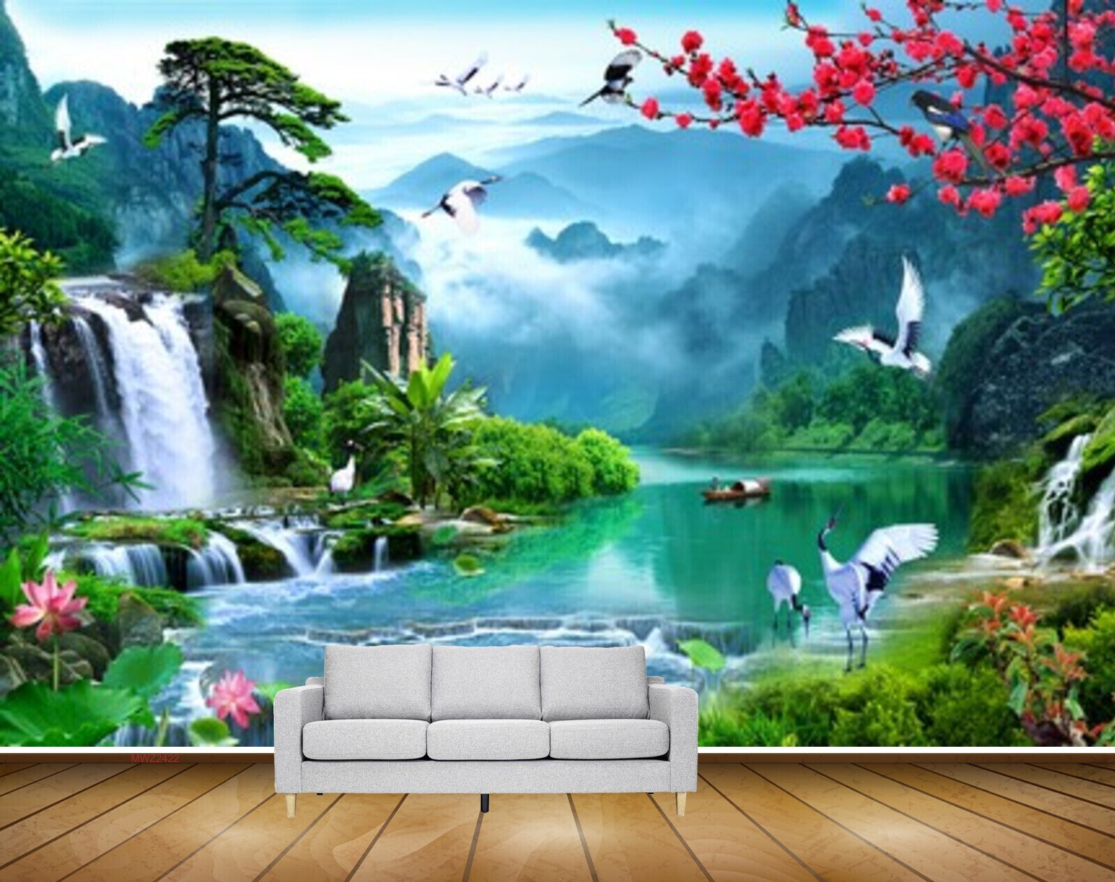 Avikalp MWZ2422 Waterfalls Pond River Lake Water Mountains Sun Flowers Trees Cranes Birds Boat Men HD Wallpaper