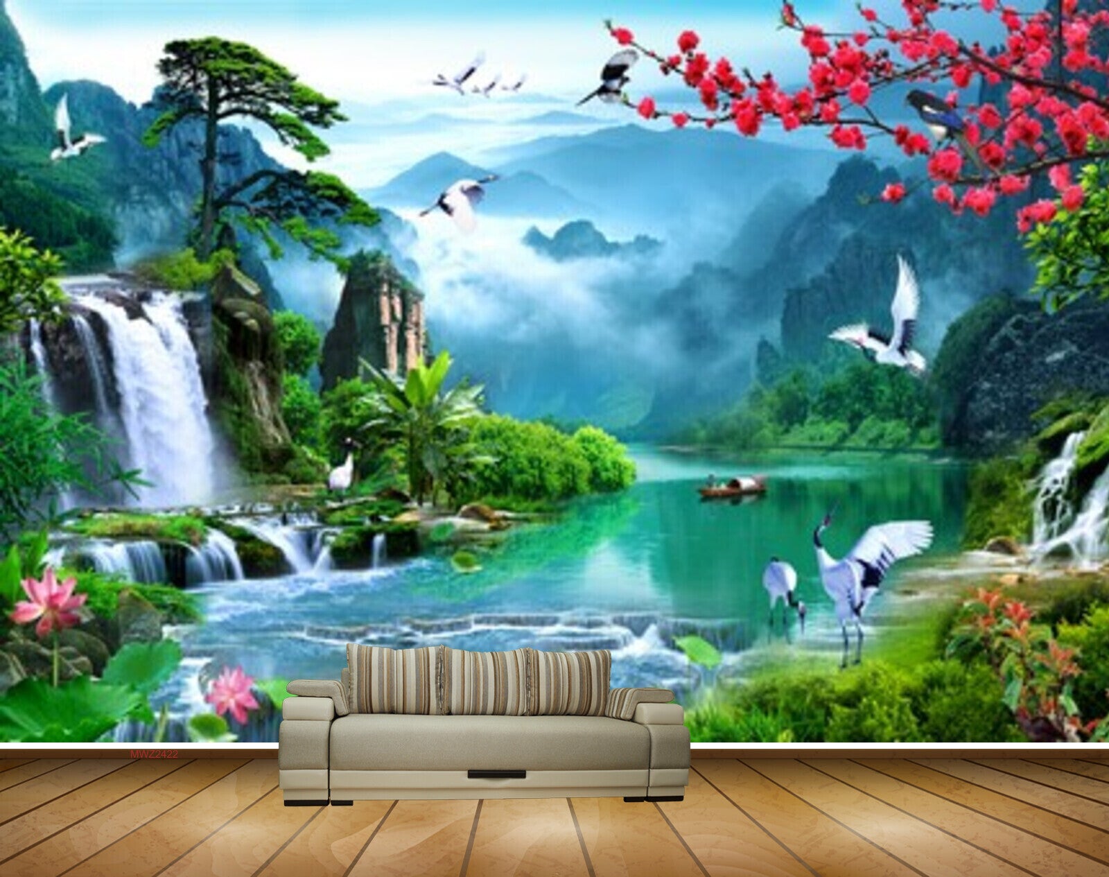 Avikalp MWZ2422 Waterfalls Pond River Lake Water Mountains Sun Flowers Trees Cranes Birds Boat Men HD Wallpaper